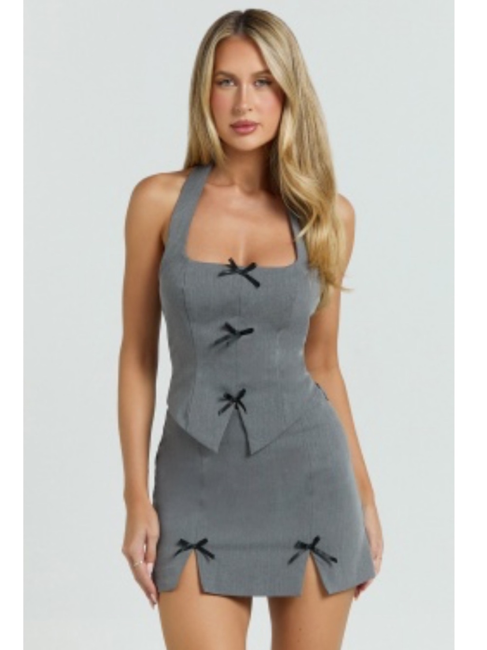Gray Halter Mini Skirt Set with Bow Details